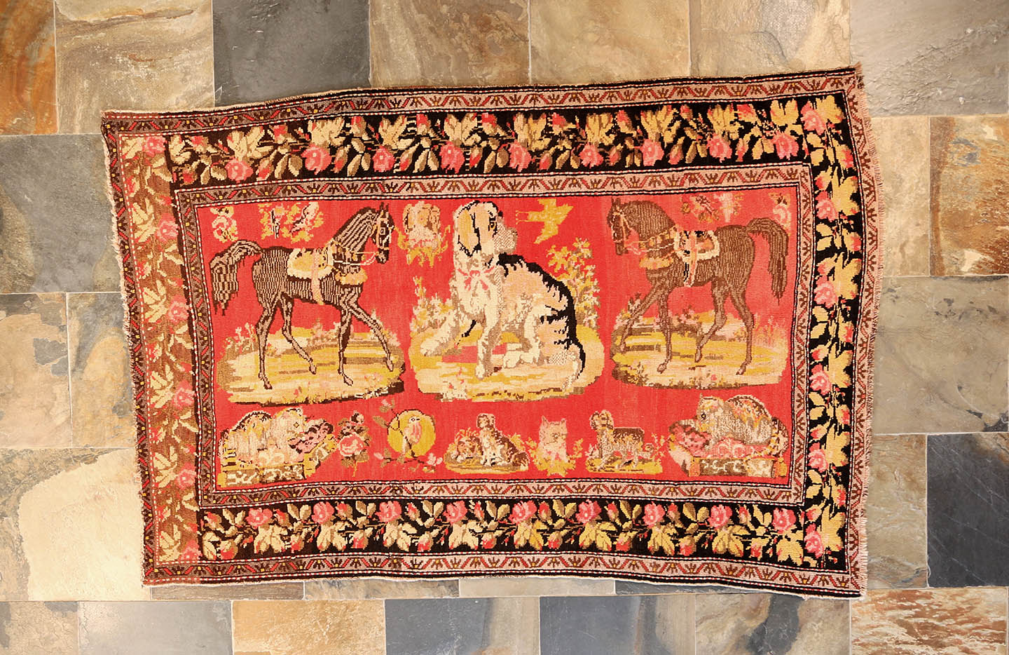 Antique Armenian Karabagh 2 Horses and 1 Dog